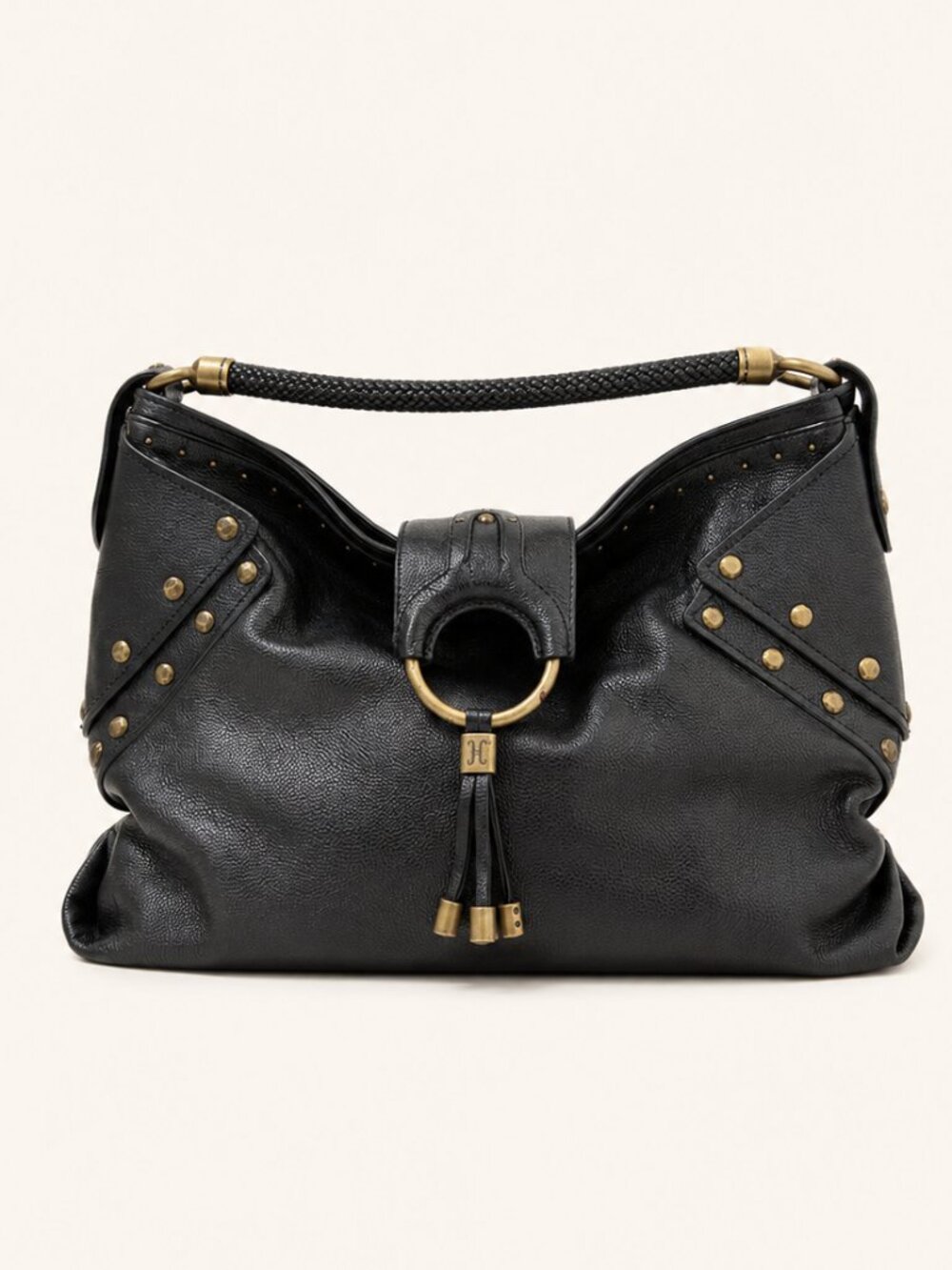 Vintage Cole Haan Black Leather Studded Hobo Bag Y2K Brass Hardware
